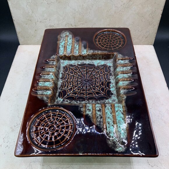 California Pottery Other - 1970s California Pottery #3763 Spiderwed Glazed Ashtray 12”x8” Brown And Seafoam
